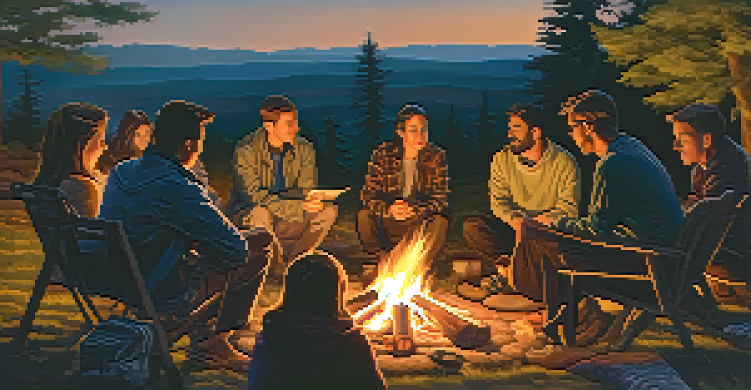 A twilight campfire gathering with diverse individuals sitting on blankets, engaged in conversation, surrounded by nature.
