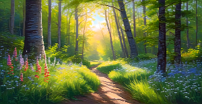 A tranquil forest with sunlight filtering through the trees, a winding path, and colorful wildflowers.