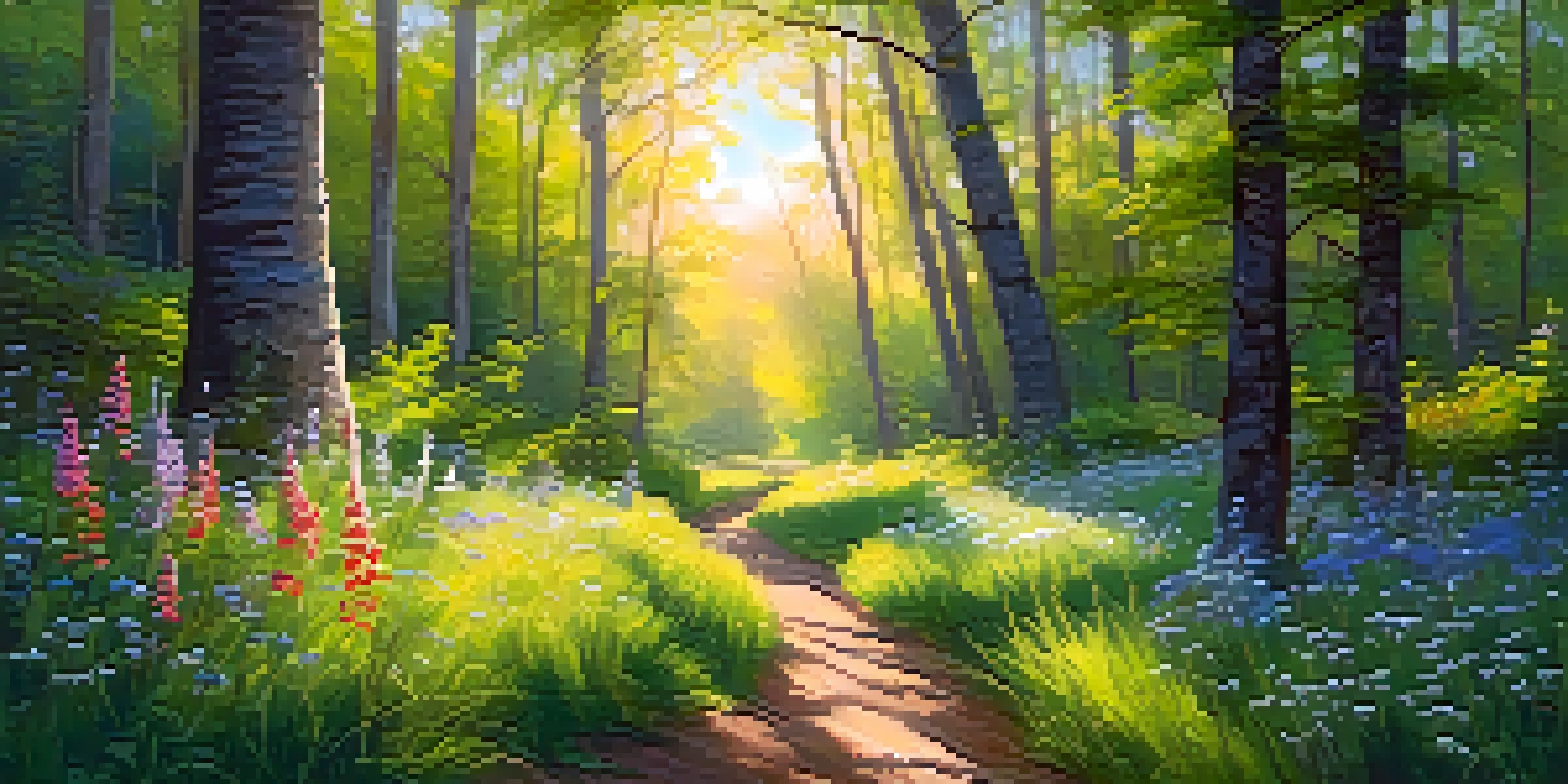 A tranquil forest with sunlight filtering through the trees, a winding path, and colorful wildflowers.