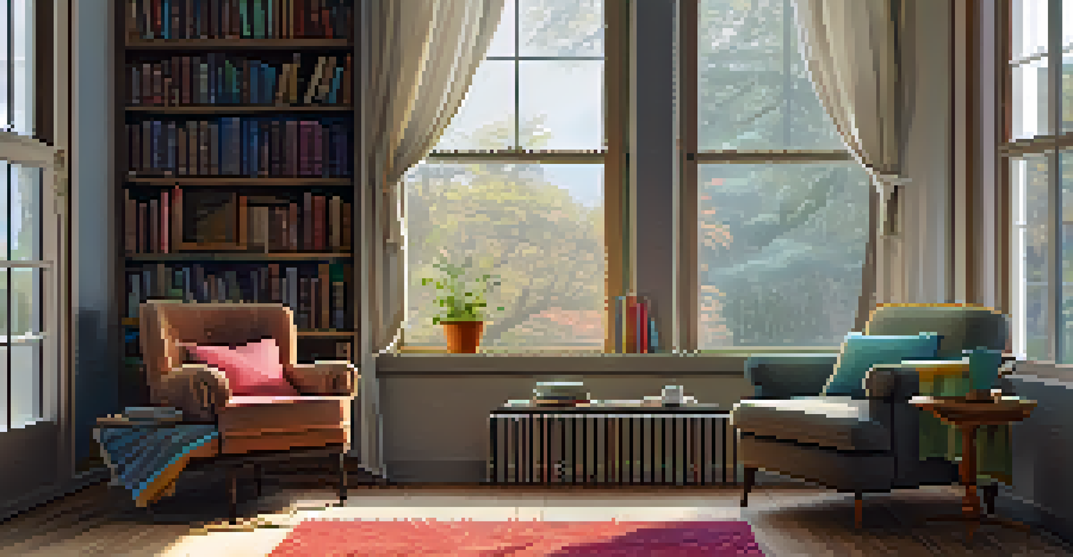 A comfortable reading nook with an armchair, books, and a cup of tea, set against a rainy window.