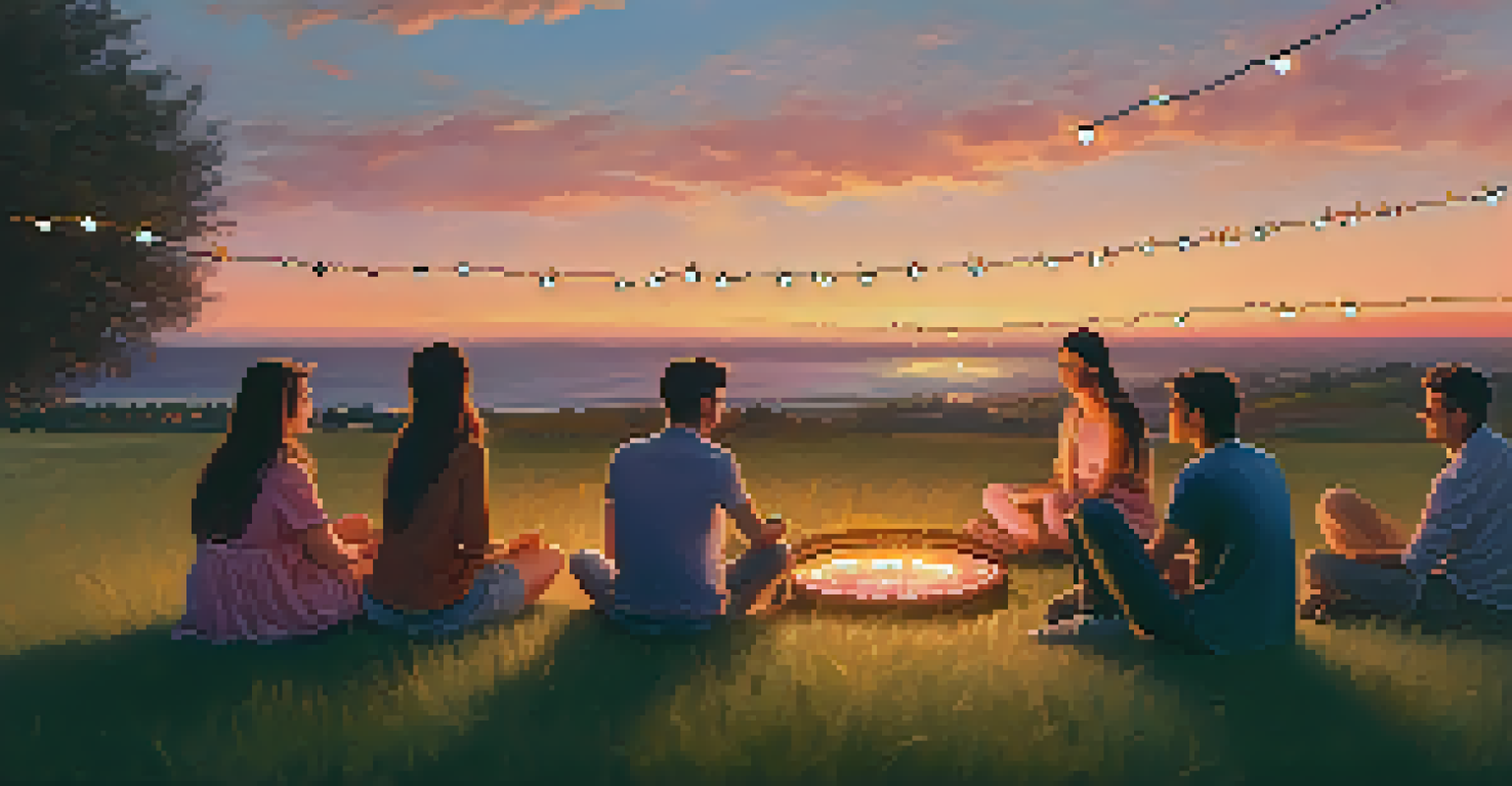 A group of people sitting in a circle in a field at sunset, sharing conversations under fairy lights.