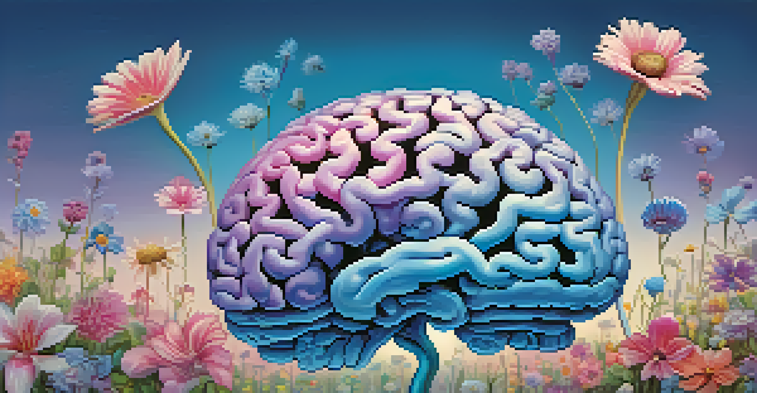 A colorful illustration of a brain shaped like a garden with blooming flowers symbolizing neural connections, set against a pastel background.