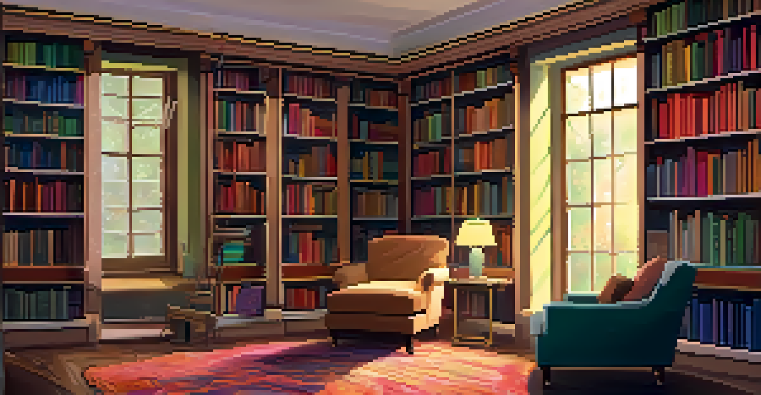 A cozy library with bookshelves, a reading nook, and a rainy view outside the window.
