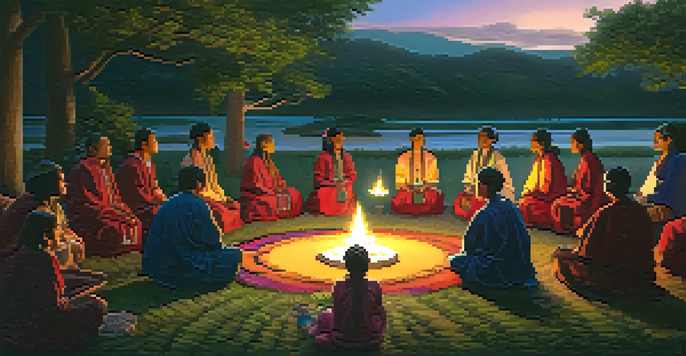 A traditional indigenous ceremony at twilight with a shaman and participants in a circle surrounded by flowers and greenery, softly illuminated by lanterns.