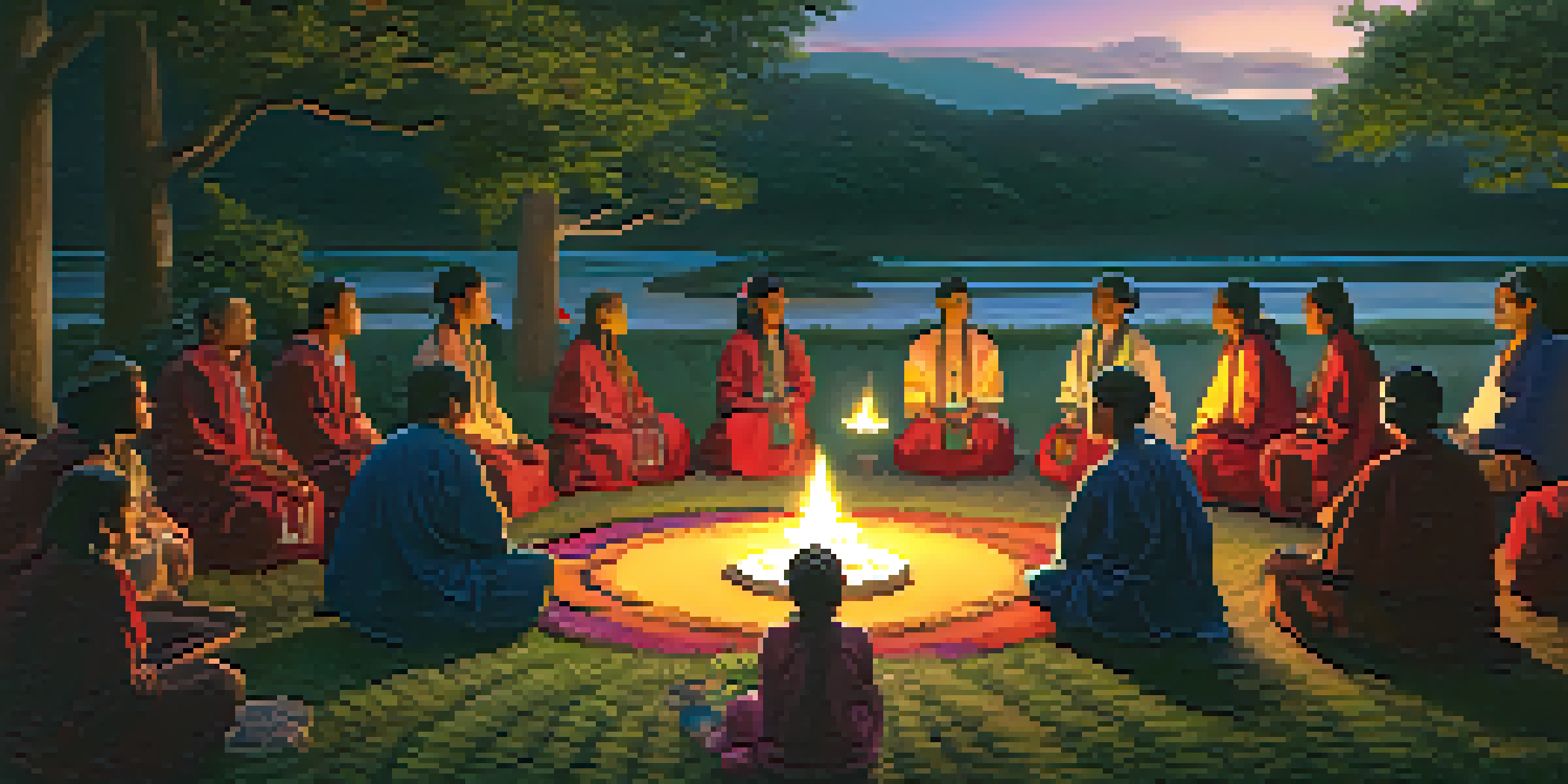 A traditional indigenous ceremony at twilight with a shaman and participants in a circle surrounded by flowers and greenery, softly illuminated by lanterns.