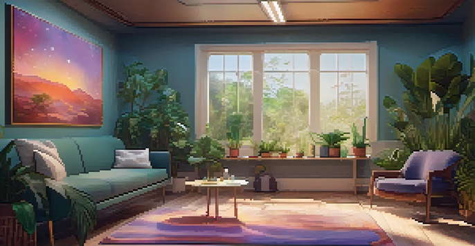 A calming therapy room with ambient lighting and nature-themed artwork, designed for psychedelic therapy.