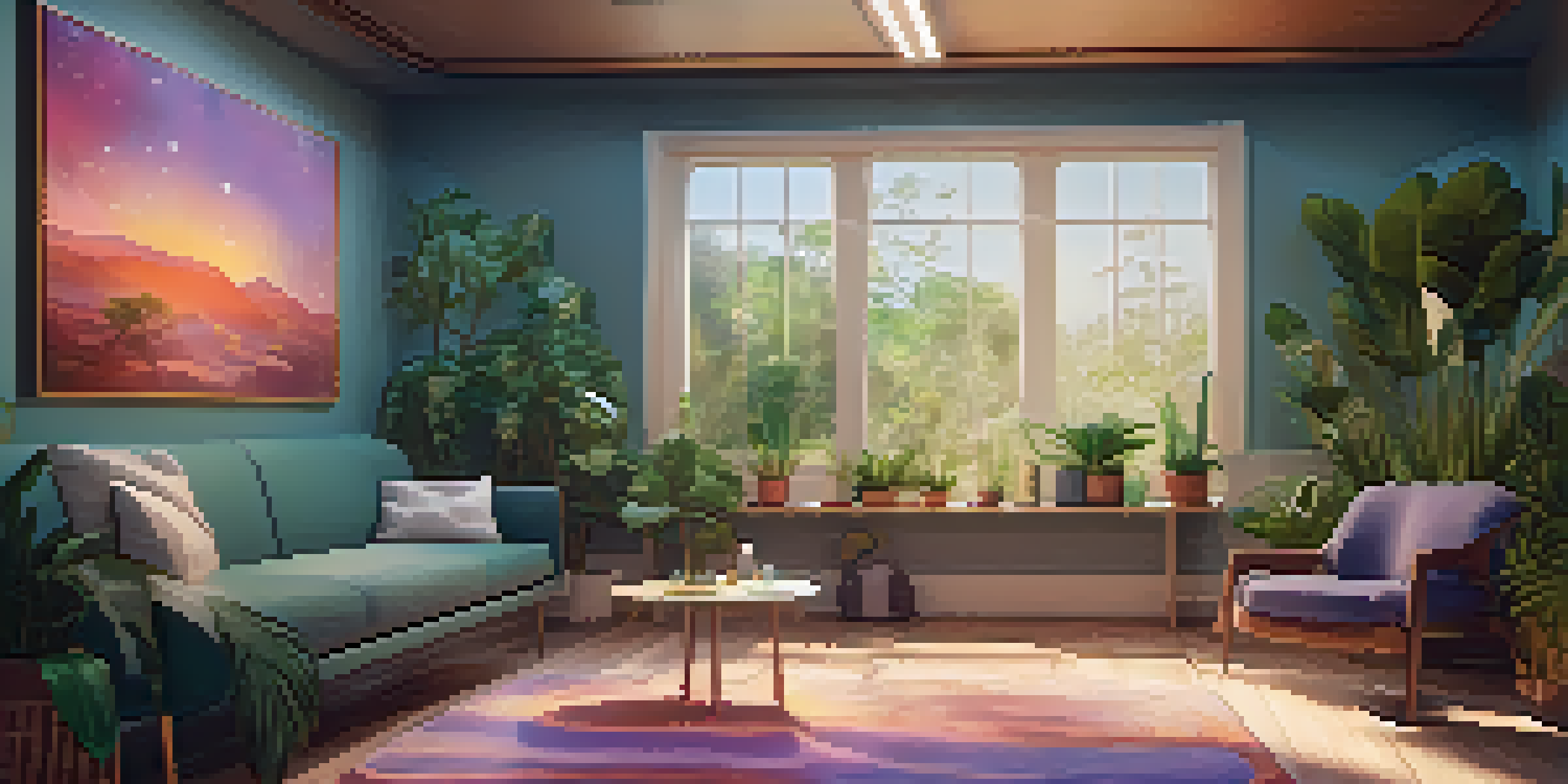 A calming therapy room with ambient lighting and nature-themed artwork, designed for psychedelic therapy.