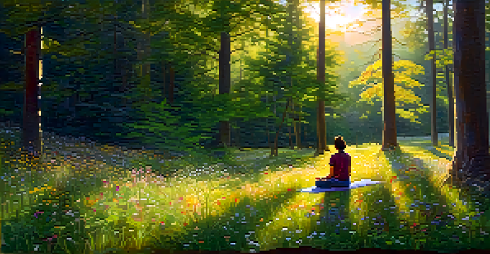 A person meditating in a sunlit forest clearing surrounded by colorful wildflowers.