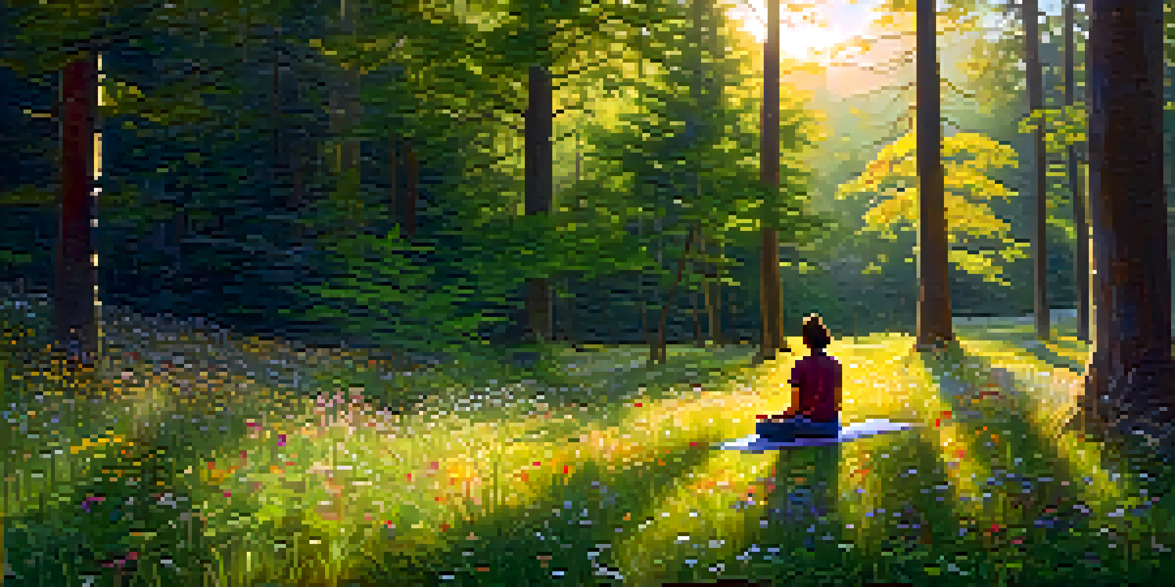 A person meditating in a sunlit forest clearing surrounded by colorful wildflowers.