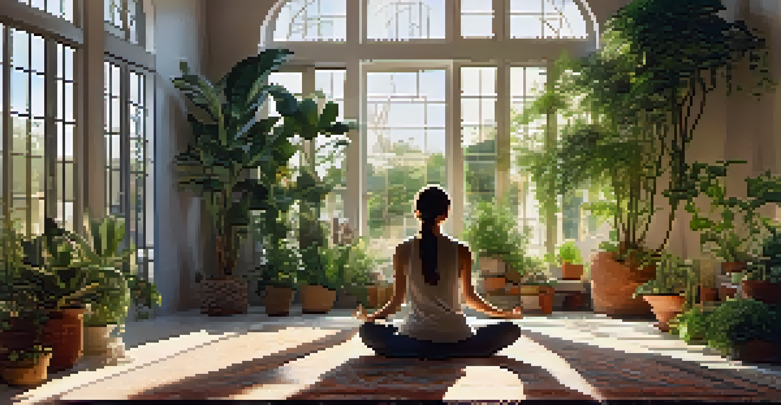 A person meditating in a sunlit room filled with plants, creating a peaceful atmosphere.
