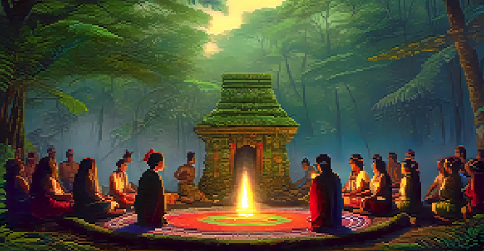 A peaceful scene in the Amazon rainforest with a shaman leading an ayahuasca ceremony surrounded by participants, highlighted by soft twilight lighting.