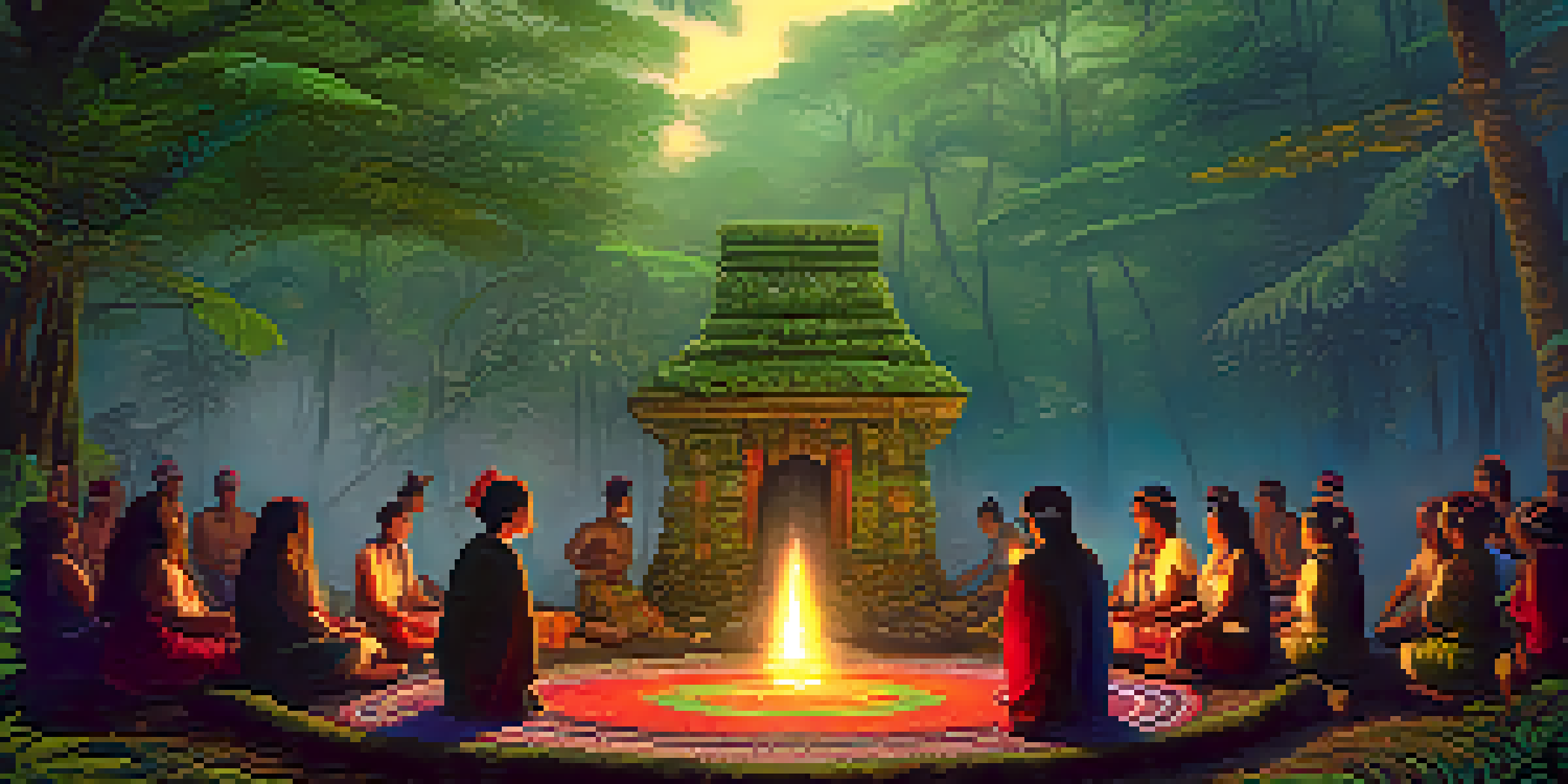 A peaceful scene in the Amazon rainforest with a shaman leading an ayahuasca ceremony surrounded by participants, highlighted by soft twilight lighting.