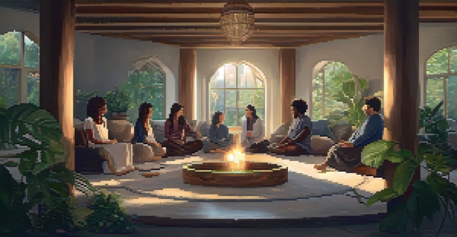 An intimate retreat space with soft lighting and a circle of comfortable seating, where participants are engaged in a guided meditation.