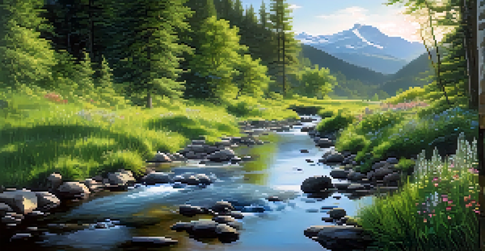 A peaceful forest with lush greenery, colorful wildflowers, and a gentle stream reflecting sunlight, set against majestic mountains.