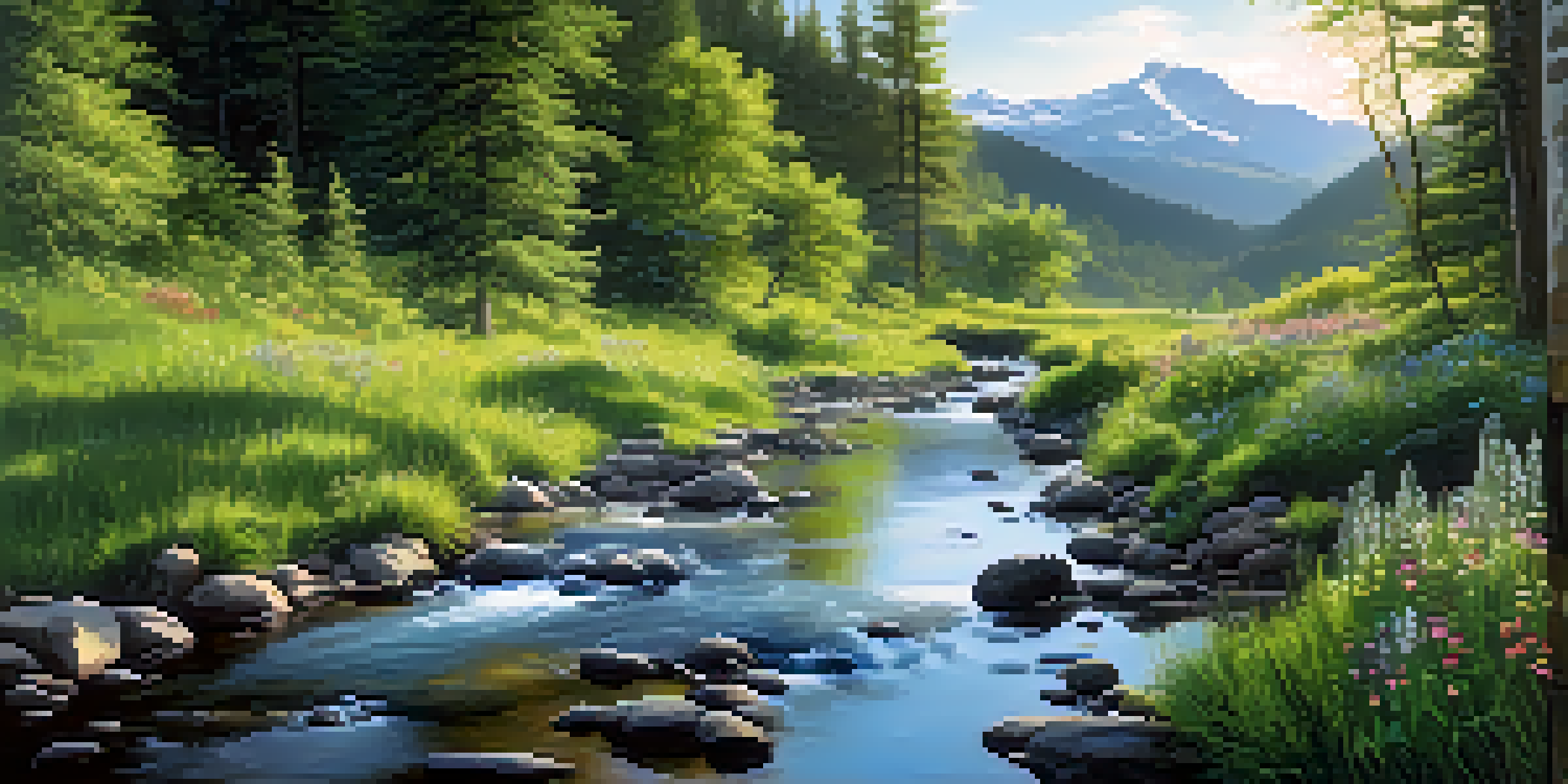 A peaceful forest with lush greenery, colorful wildflowers, and a gentle stream reflecting sunlight, set against majestic mountains.