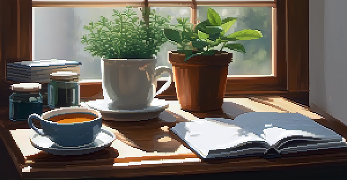 A peaceful workspace with a wooden desk, a notebook, a cup of herbal tea, and a small potted plant, illuminated by soft morning light.