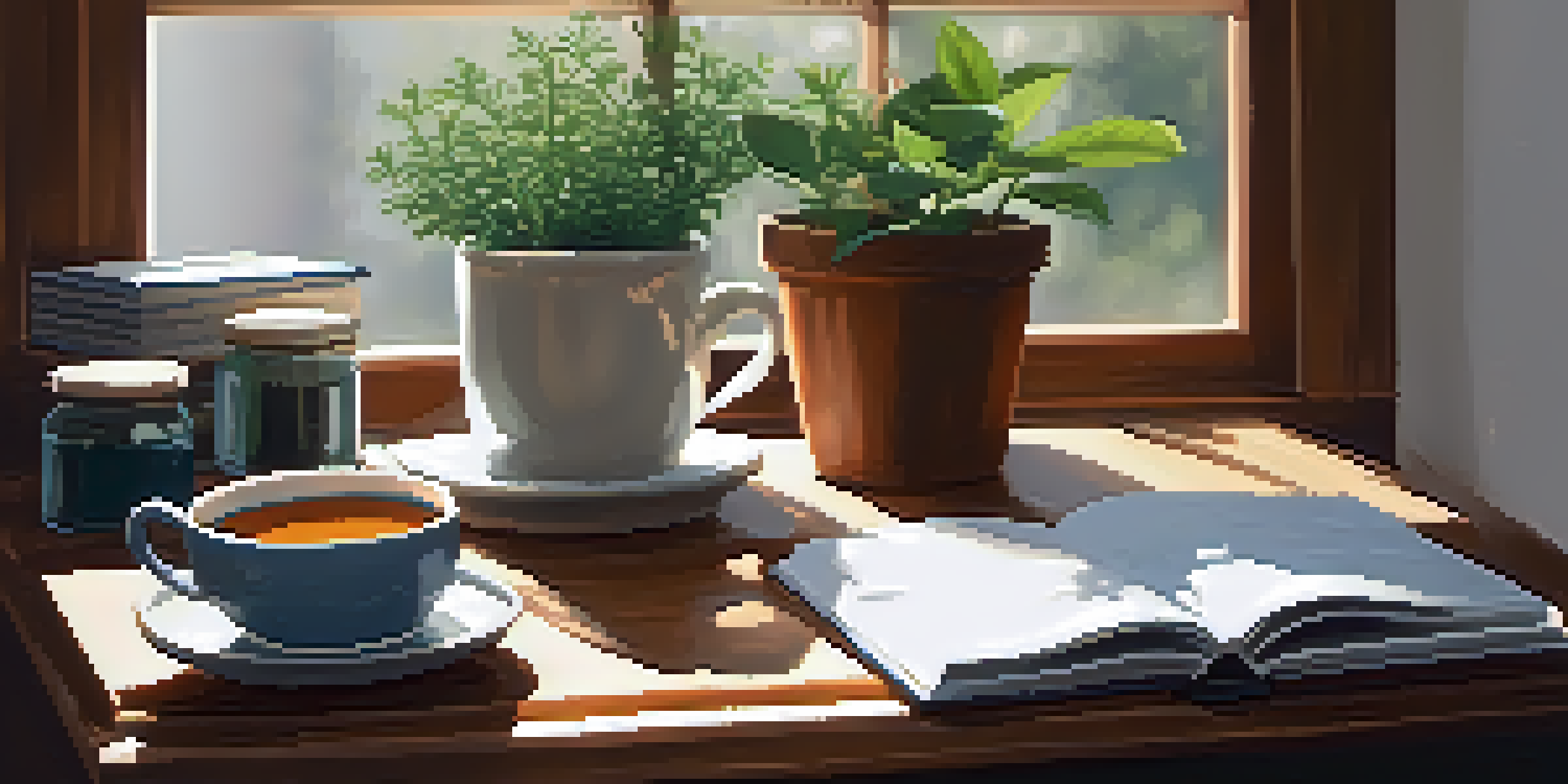 A peaceful workspace with a wooden desk, a notebook, a cup of herbal tea, and a small potted plant, illuminated by soft morning light.