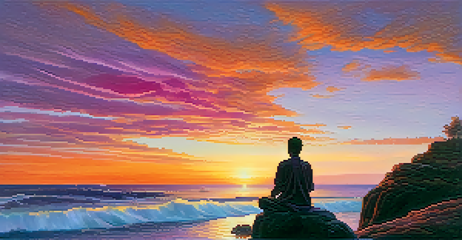 A person meditating on a cliff at sunset, with vivid sky colors and ocean waves below, representing tranquility and inner peace.