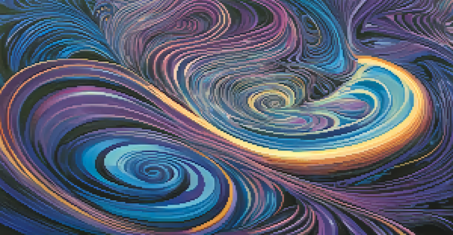 An abstract image featuring swirling colors and shapes, representing altered perception with a gradient of deep blues and purples.