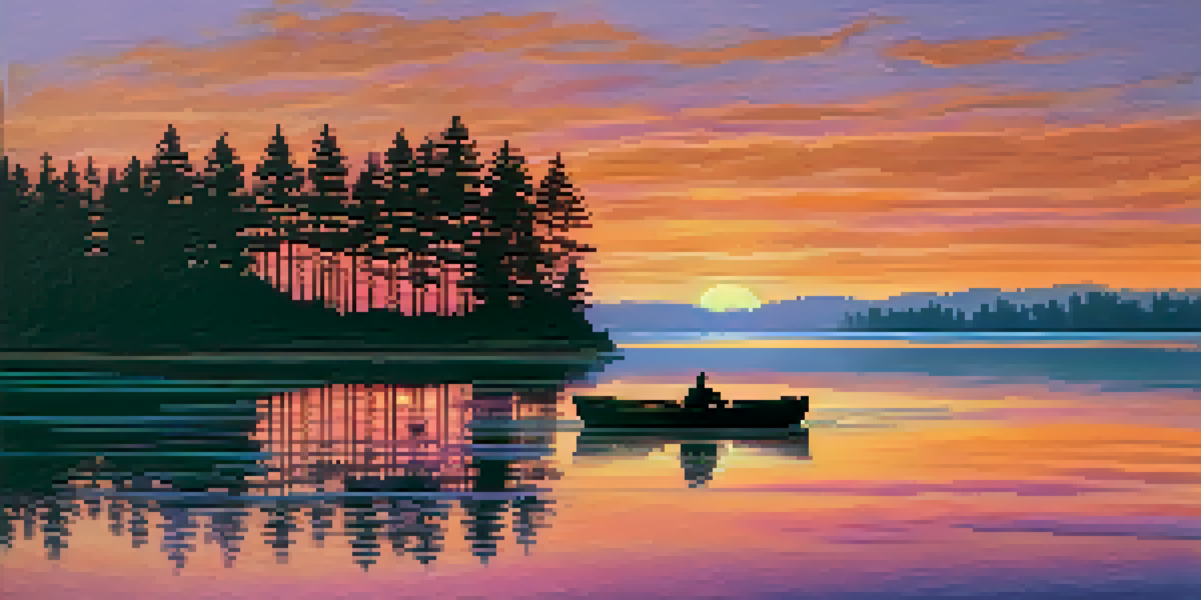 A sunset over a calm lake with colorful reflections and a silhouette of a rowboat.