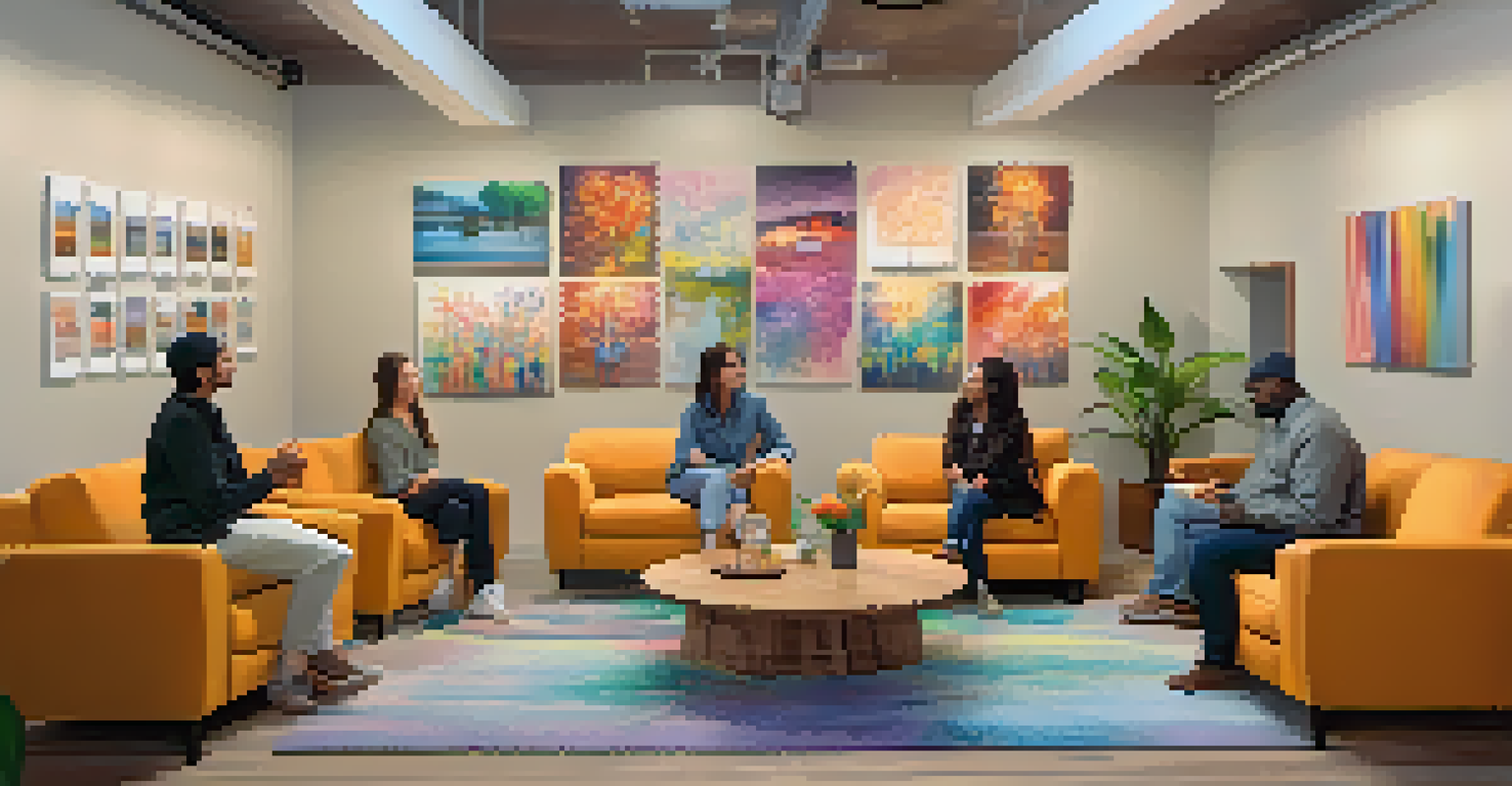 A cozy indoor space with people engaged in art therapy and sharing stories, surrounded by colorful artwork and warm lighting.