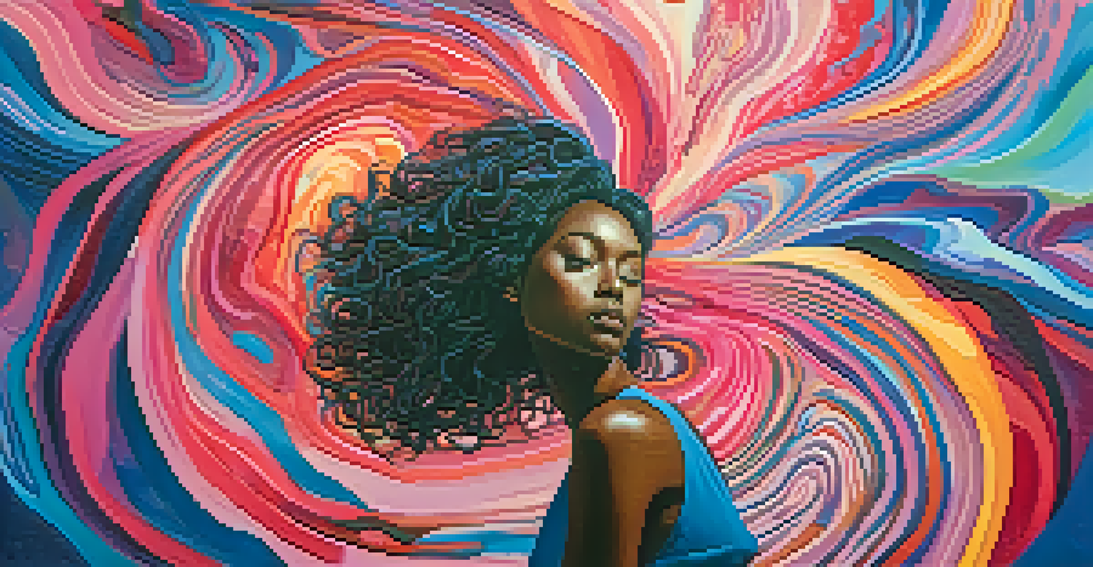 An abstract silhouette surrounded by colorful patterns representing body image and emotions.