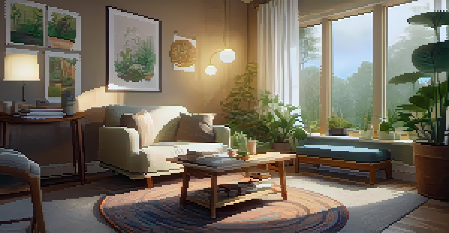 A cozy therapy room with soft furnishings, plants, and warm lighting, creating a safe space for introspection.