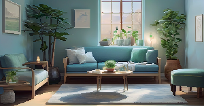 A calming therapy room with ambient lighting, a couch, plants, and healing crystals, designed for comfort and tranquility.