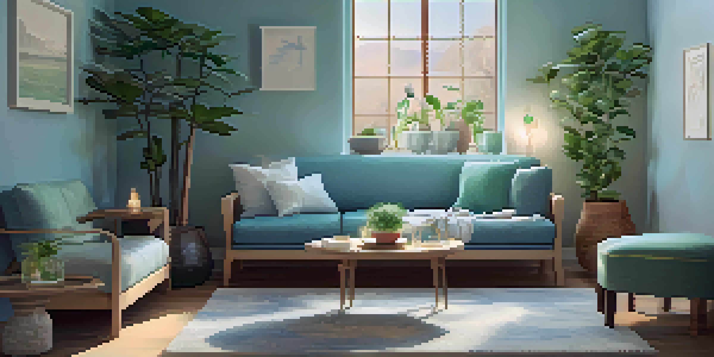 A calming therapy room with ambient lighting, a couch, plants, and healing crystals, designed for comfort and tranquility.