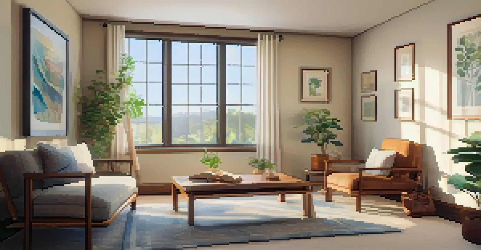 A warm and inviting therapy room with comfortable seating, books on mental health, and soft natural light.