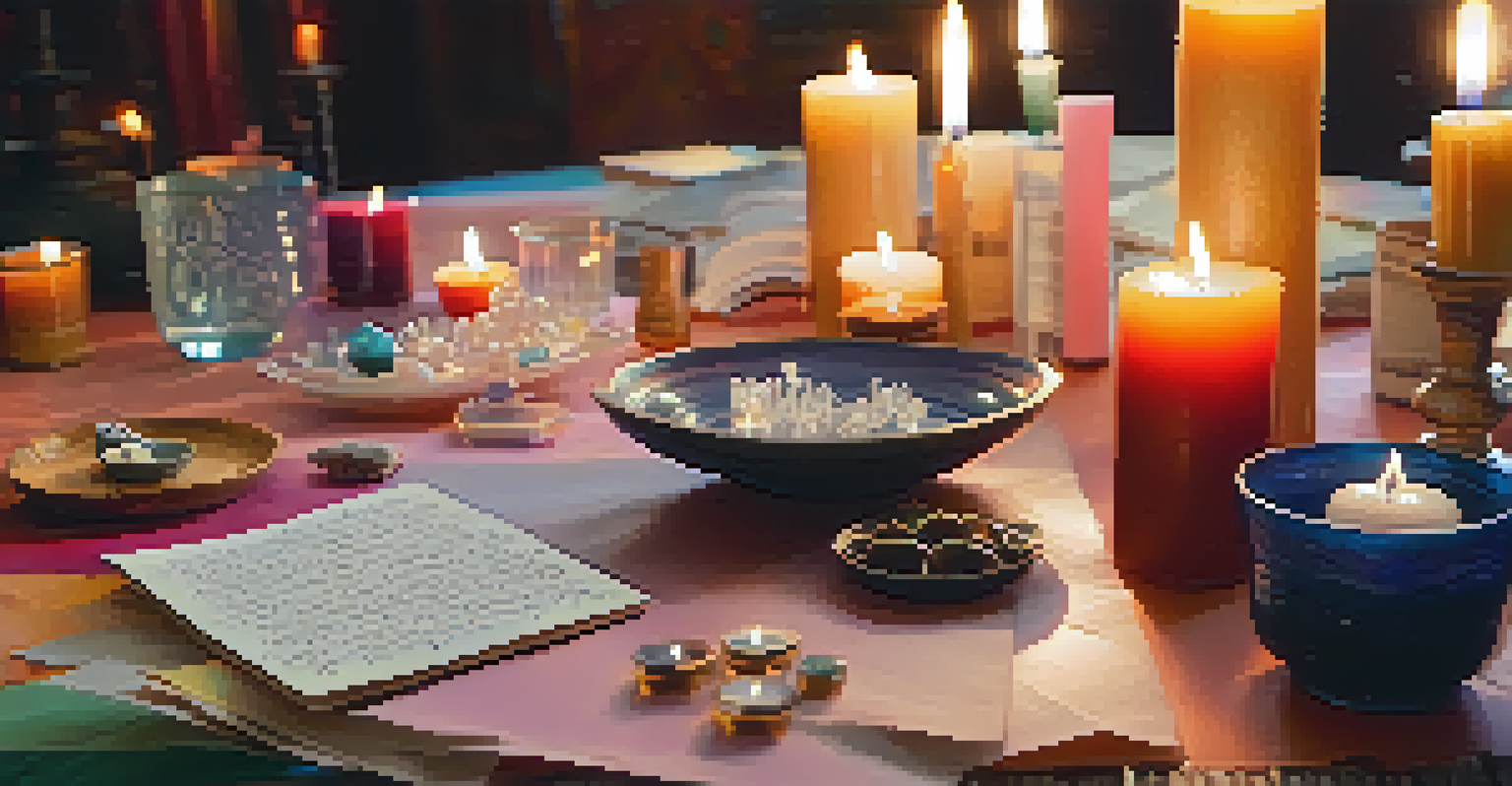 A table with candles, crystals, and colorful papers displaying intentions, surrounded by a softly blurred warm light.