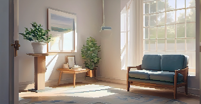 A cozy therapy room with warm lighting, comfortable seating, and a potted plant on a table, creating a peaceful atmosphere.