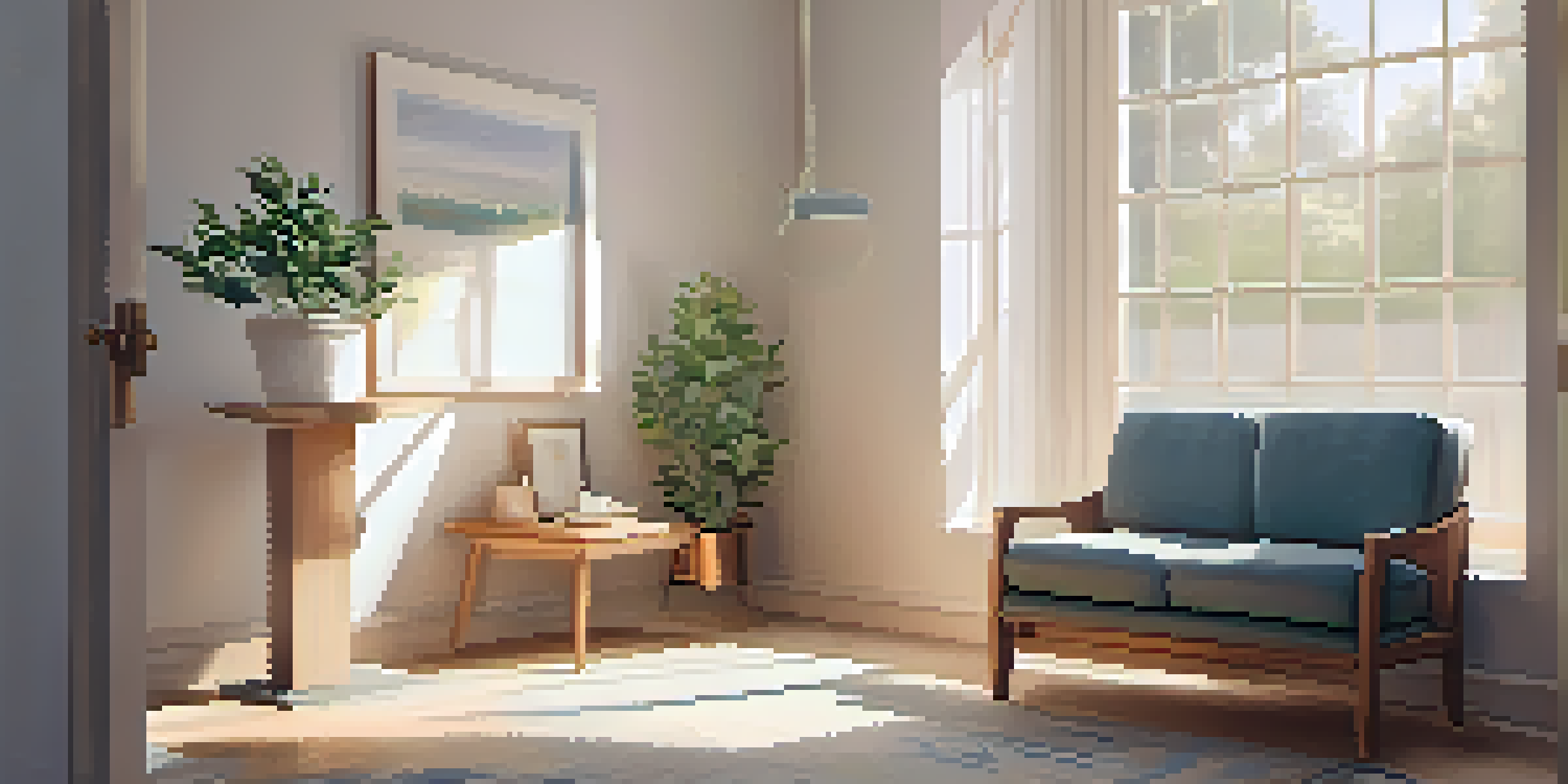 A cozy therapy room with warm lighting, comfortable seating, and a potted plant on a table, creating a peaceful atmosphere.