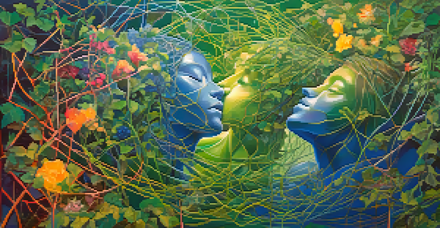 An abstract image showing a colorful web of vines and flowers intertwined with glowing human figures, set against a gradient blue and green background, representing interconnectedness with nature.