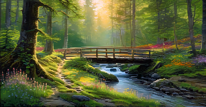 A peaceful forest with sunlight shining through trees, a mossy ground, colorful wildflowers, and a small wooden bridge over a stream.