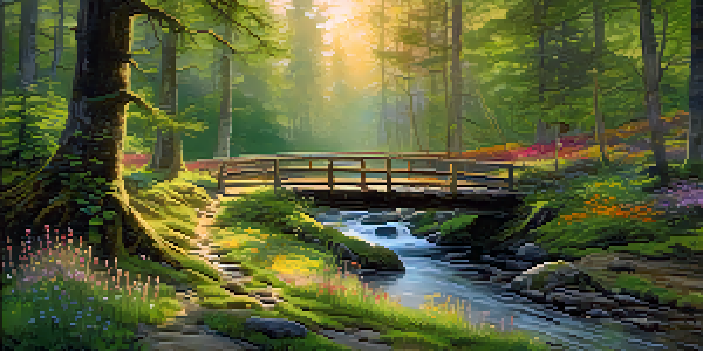 A peaceful forest with sunlight shining through trees, a mossy ground, colorful wildflowers, and a small wooden bridge over a stream.
