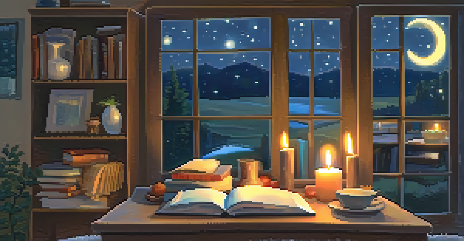 A cozy indoor space with a wooden table set for sharing, surrounded by candles, journals, and art supplies under a starry sky.