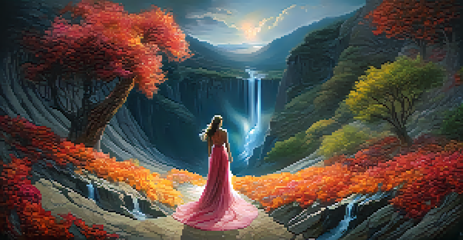 An artistic depiction of Persephone's descent into the underworld, illustrating a vibrant landscape transitioning into dark tones.