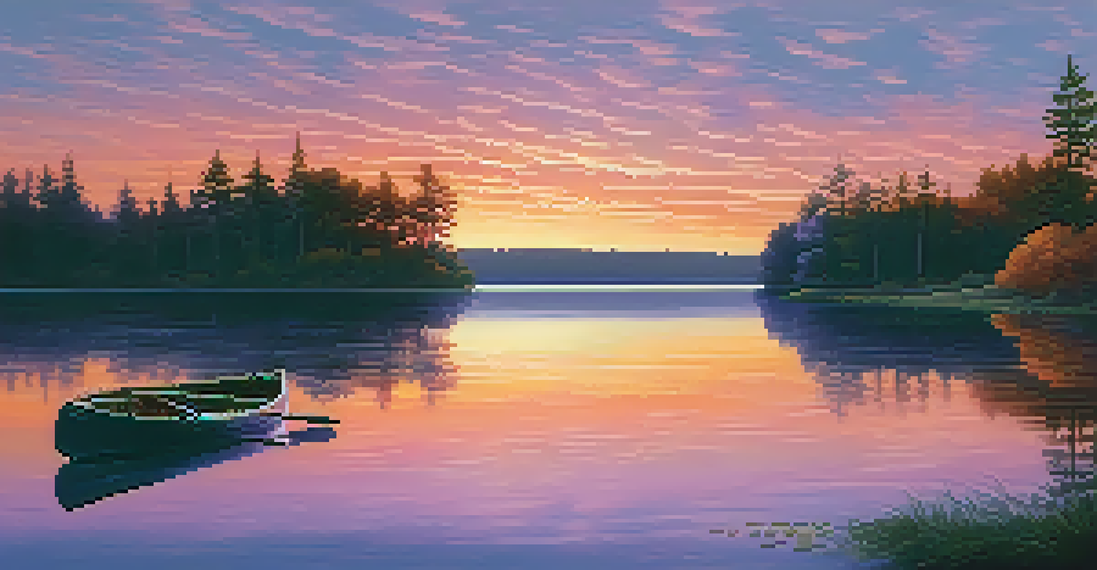 A tranquil lakeside at sunset with colorful reflections on the water and a silhouette of trees.