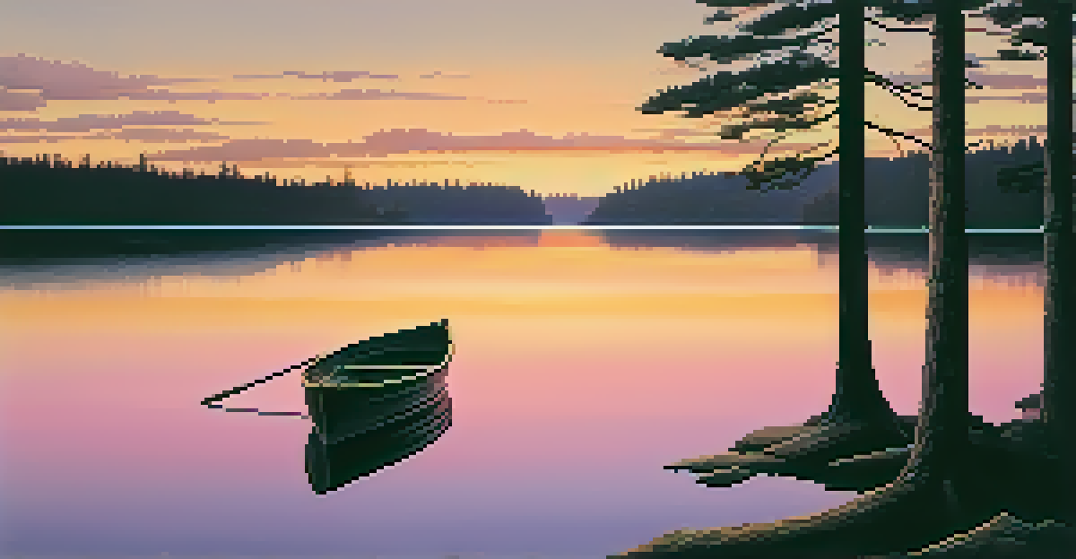 A lakeside view at sunset with colorful reflections on the water, silhouetted pine trees, and a small wooden boat.