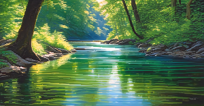 A peaceful river flowing through a green forest, with sunlight creating patterns on the water's surface, symbolizing the concept of time as fluid.