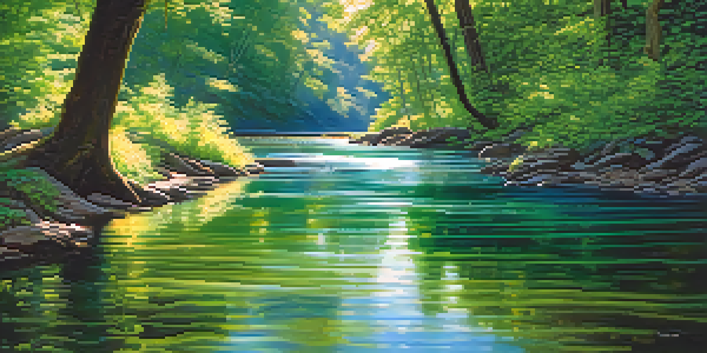 A peaceful river flowing through a green forest, with sunlight creating patterns on the water's surface, symbolizing the concept of time as fluid.