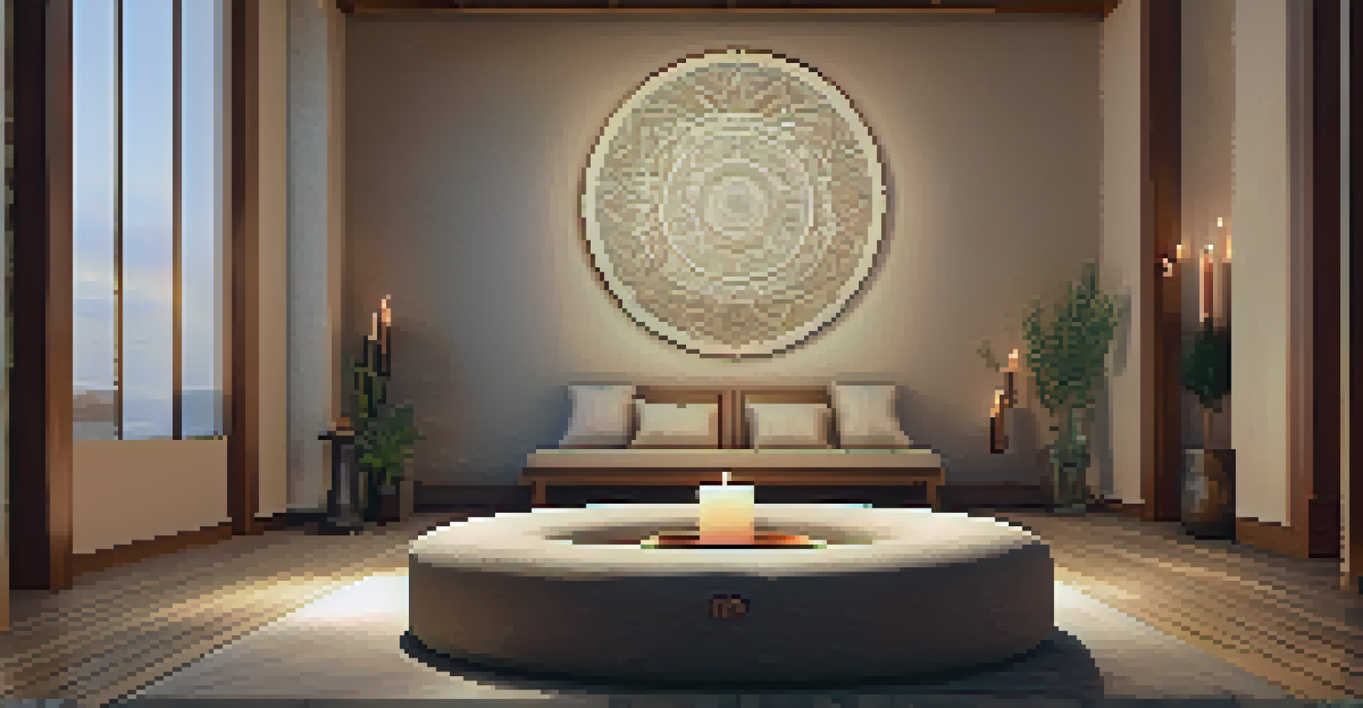 A peaceful meditation space with a cushion, candles, and calming artwork on the walls.