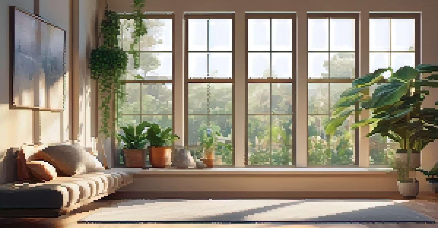 A cozy meditation room with soft cushions, plants, and warm lighting.