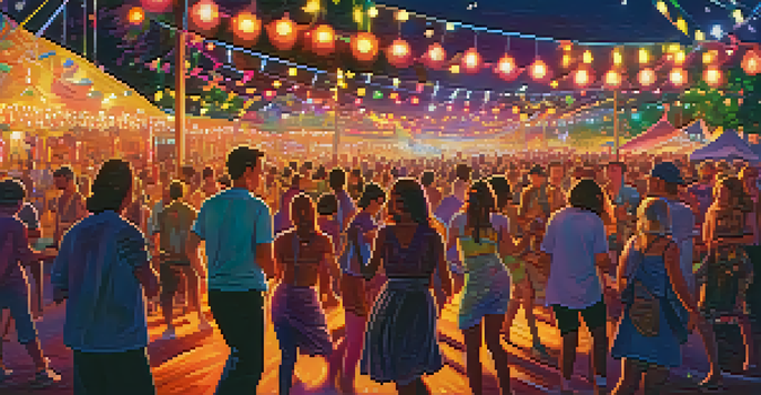A lively outdoor festival with people dancing under colorful lights, diverse outfits, and art installations in the background.