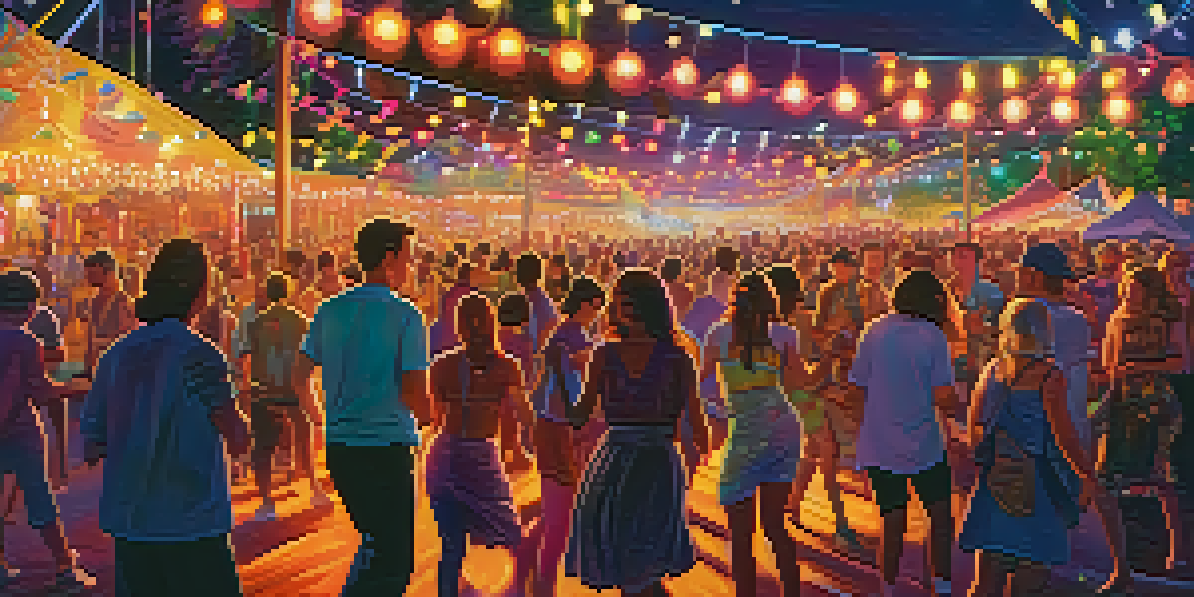 A lively outdoor festival with people dancing under colorful lights, diverse outfits, and art installations in the background.