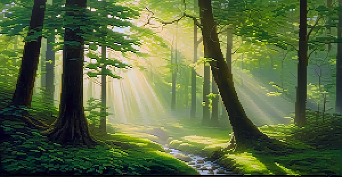 A peaceful forest with sunlight shining through trees and a misty atmosphere, featuring a small stream.