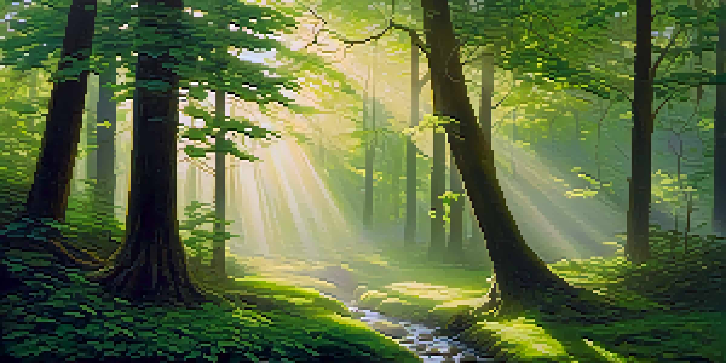 A peaceful forest with sunlight shining through trees and a misty atmosphere, featuring a small stream.