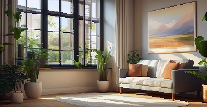 A peaceful therapy room with a couch, artwork, and plants, designed for a calming therapeutic environment.