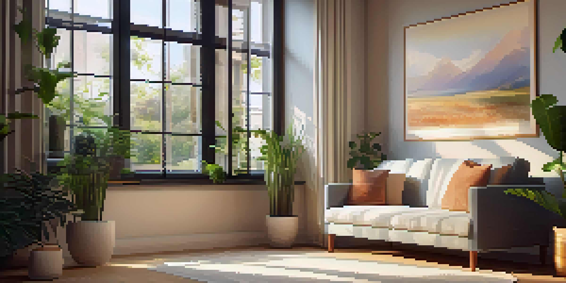 A peaceful therapy room with a couch, artwork, and plants, designed for a calming therapeutic environment.